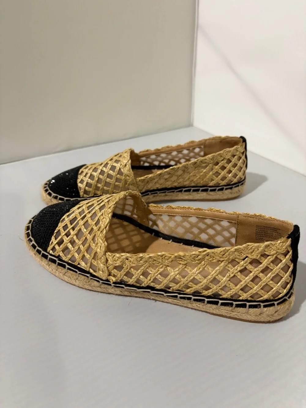 Woven Espadrille Slip-On Flats in Black and‎ Tan